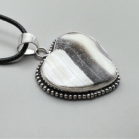 New Zebra Calcite Stone Heart Shaped Silver Overlay Pendant Necklace w Cord - Picture 2 of 5